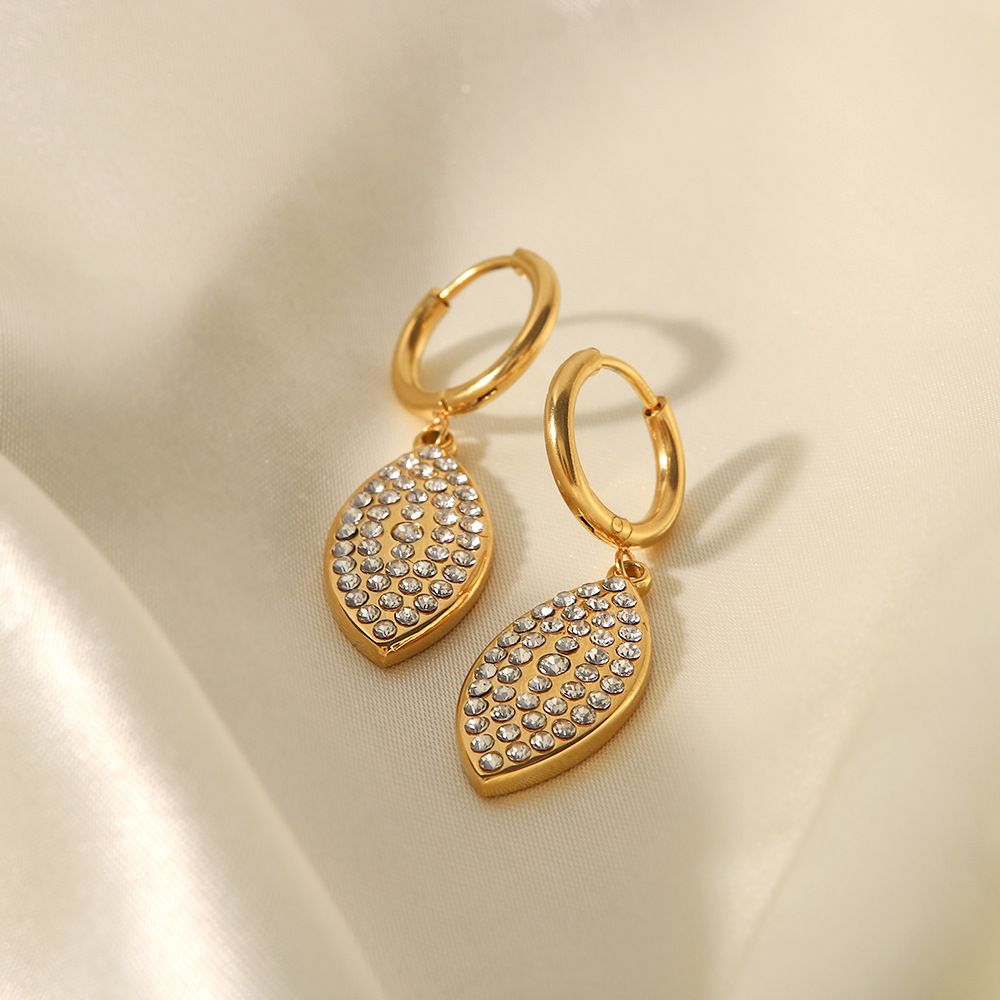 Stainless Women's Earrings Titanium Steel Diamond Leaf-shaped Pendant