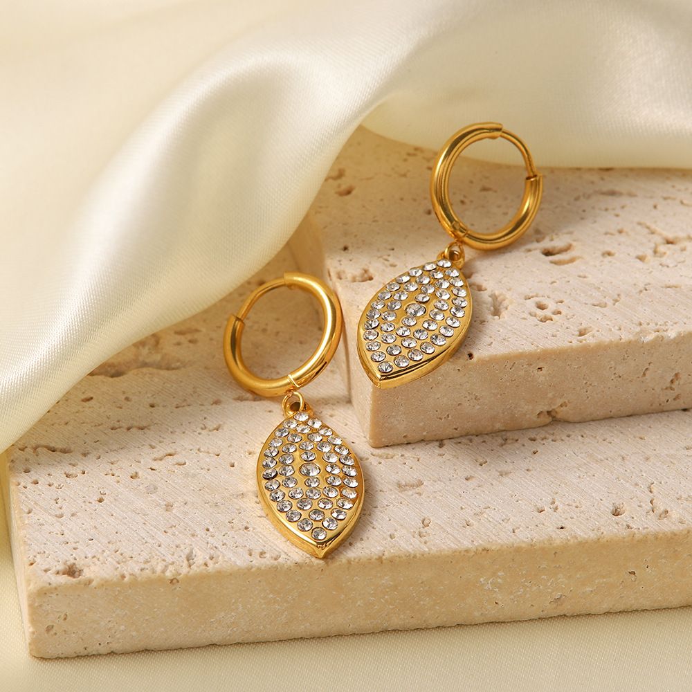 Stainless Women's Earrings Titanium Steel Diamond Leaf-shaped Pendant