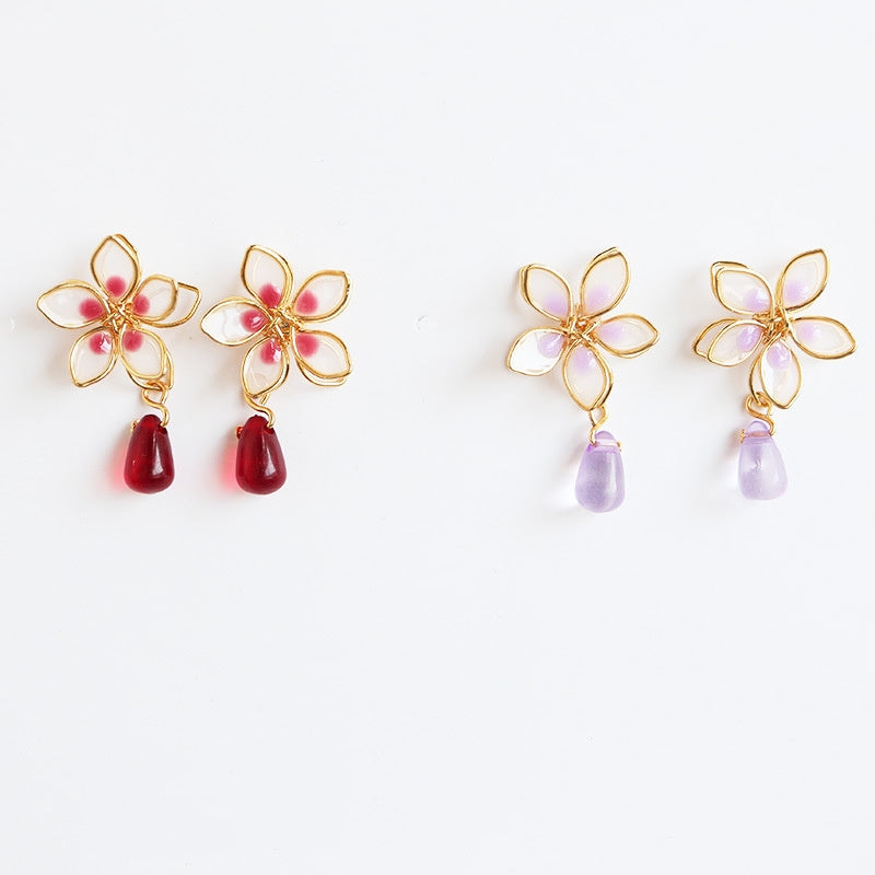 Women's Girl Cherry Blossom Enamel Drop Sterling Silver Needle Earrings
