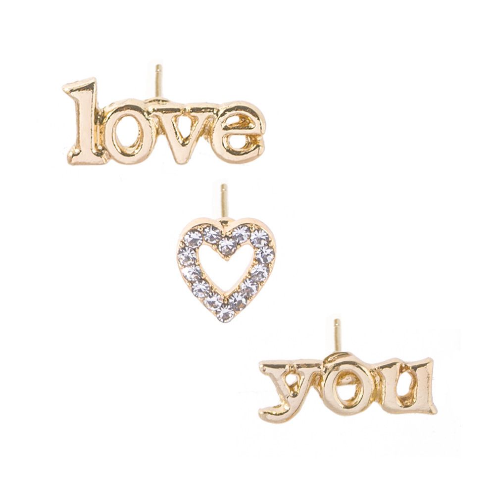 LOVE YOU Heart-shaped Diamond Small Ear Studs 3-piece Set