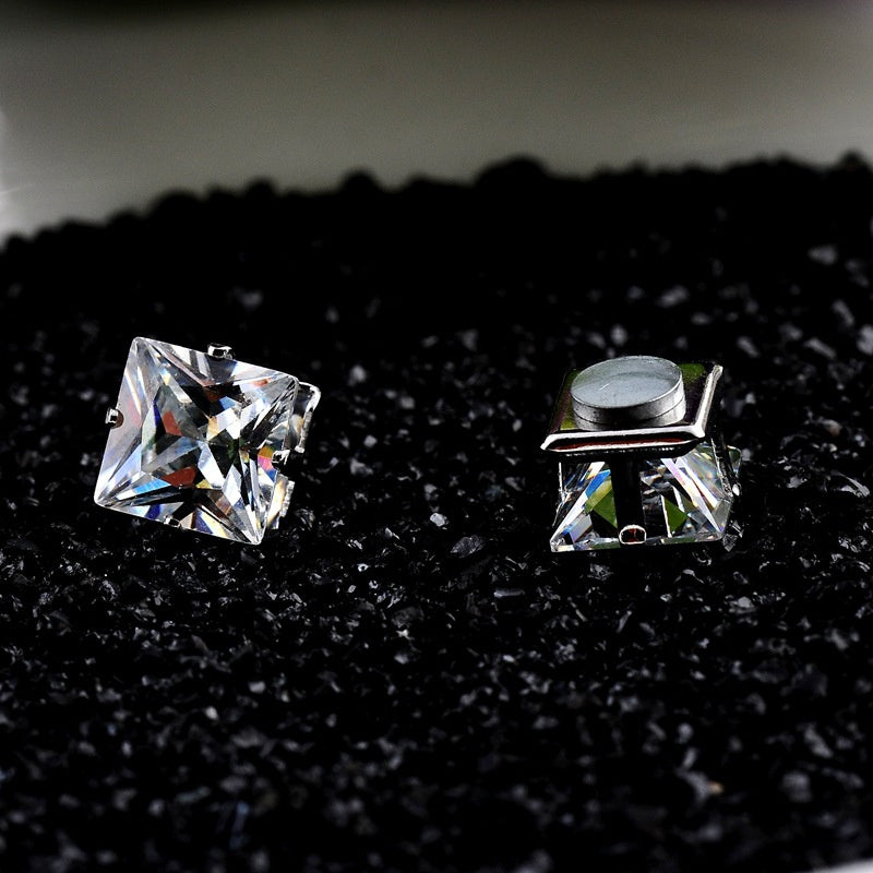 Popular Square Black And White Zircon Magnet Ear Studs