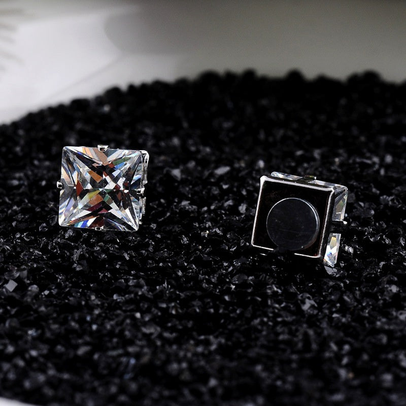 Popular Square Black And White Zircon Magnet Ear Studs