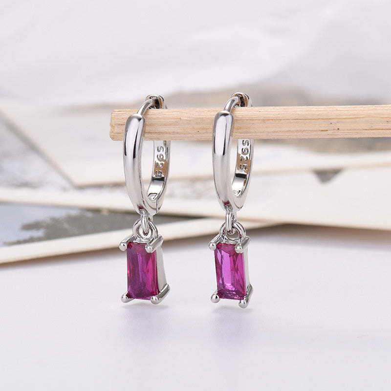 Silver Pin Rectangular Colored Zirconia Earrings