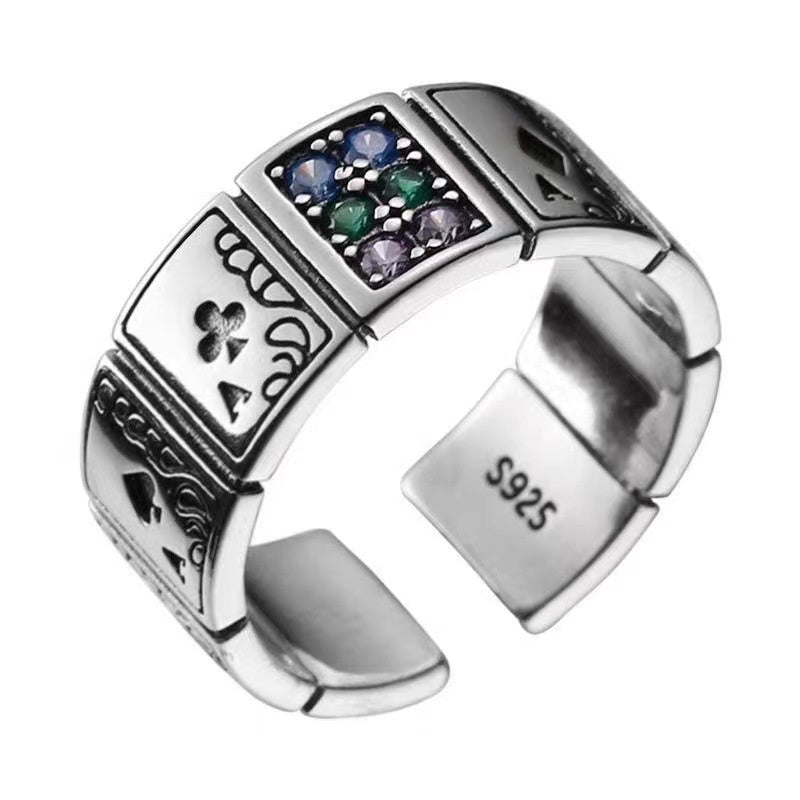 Inlaid Zircon Black Peach A Playing Card Ring Retro Hip Hop