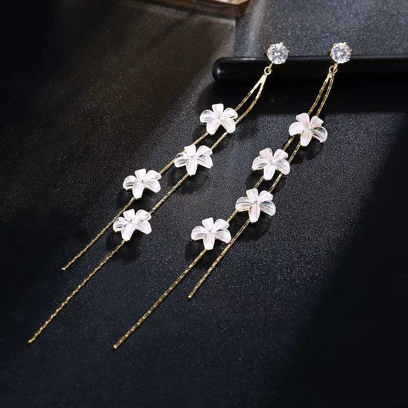 Women's Long Flower Fringed Zircon Earrings