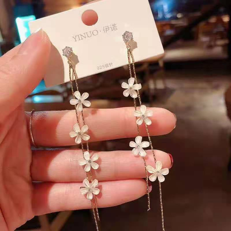 Women's Long Flower Fringed Zircon Earrings