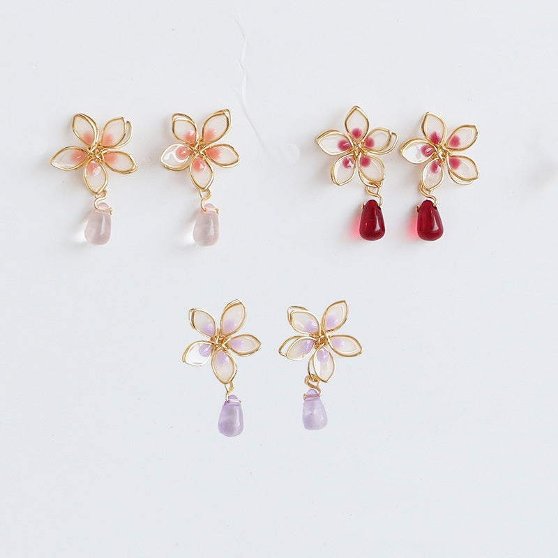 Women's Girl Cherry Blossom Enamel Drop Sterling Silver Needle Earrings