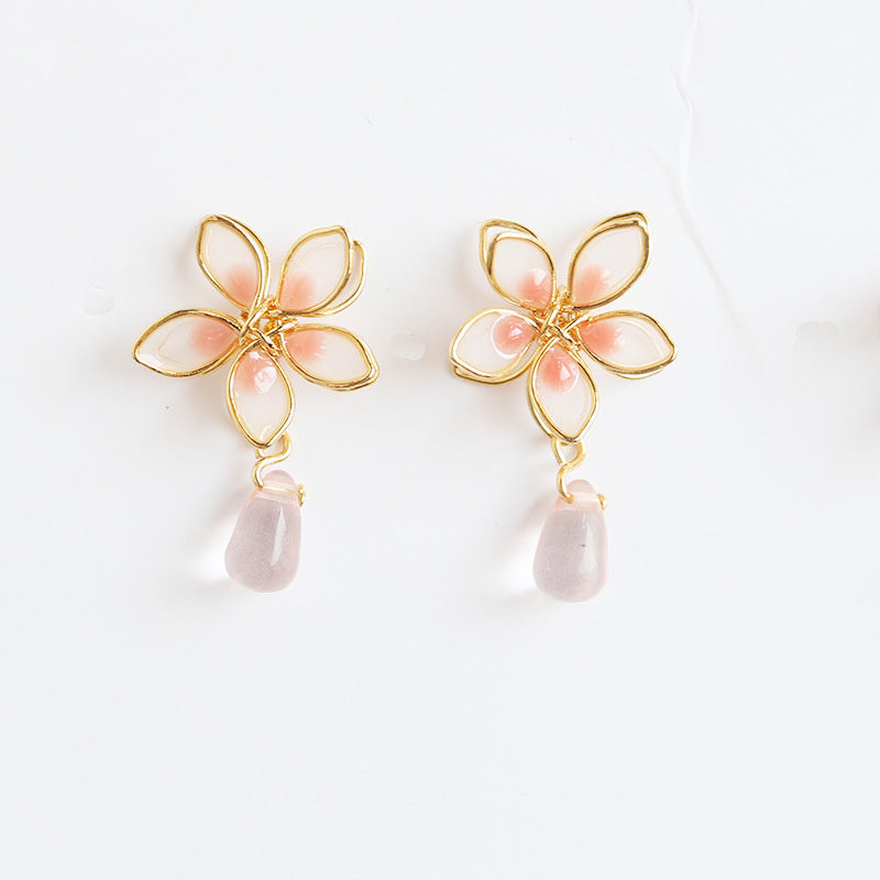 Women's Girl Cherry Blossom Enamel Drop Sterling Silver Needle Earrings