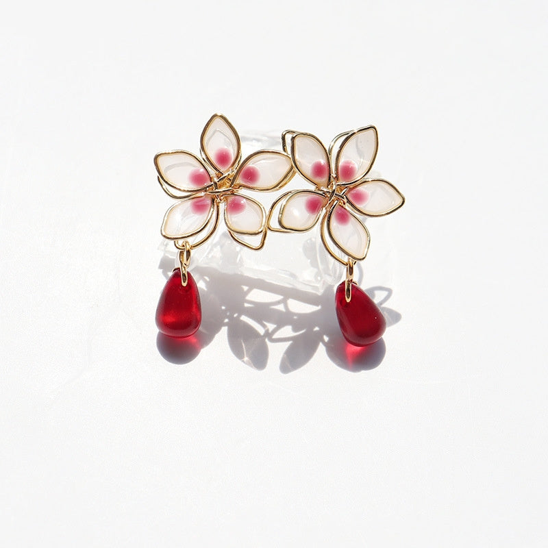 Women's Girl Cherry Blossom Enamel Drop Sterling Silver Needle Earrings