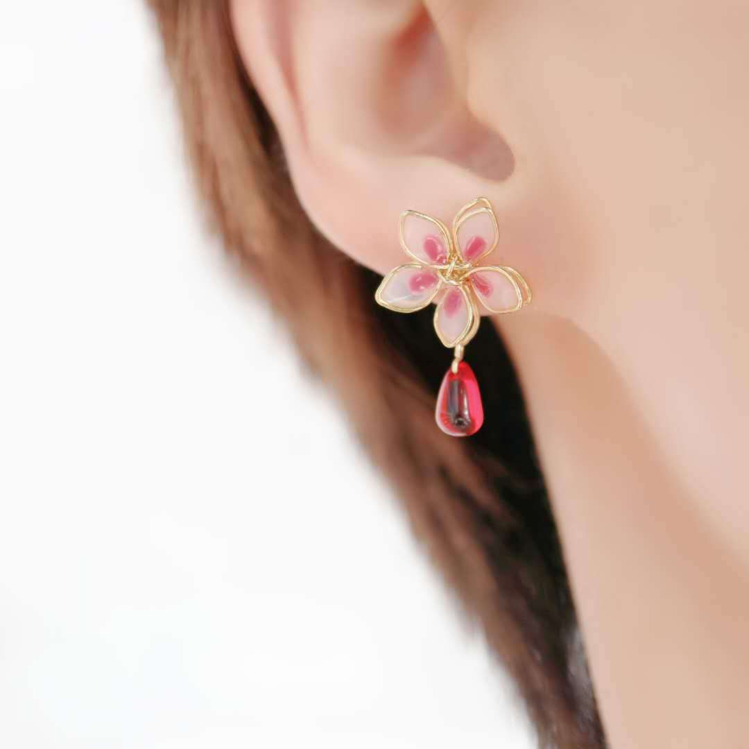 Women's Girl Cherry Blossom Enamel Drop Sterling Silver Needle Earrings