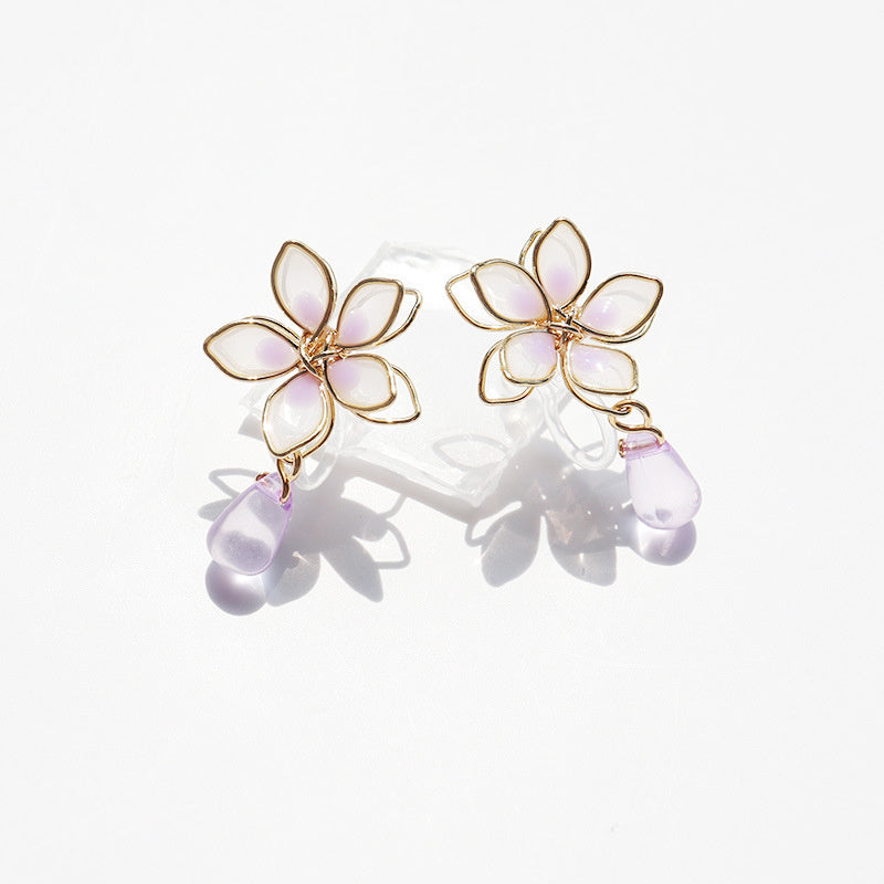 Women's Girl Cherry Blossom Enamel Drop Sterling Silver Needle Earrings