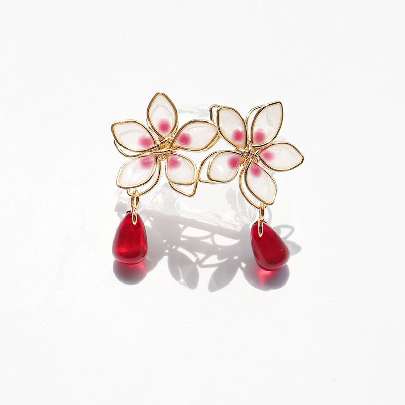 Women's Girl Cherry Blossom Enamel Drop Sterling Silver Needle Earrings