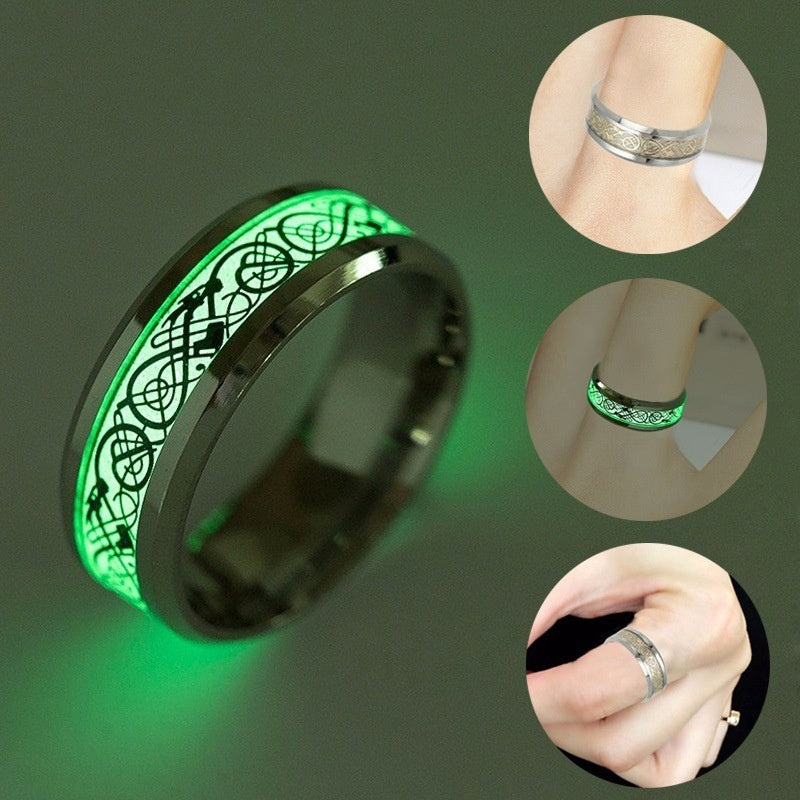 Ornament Plated Black Noctilucent Dragon Pattern Fluorescent Ring