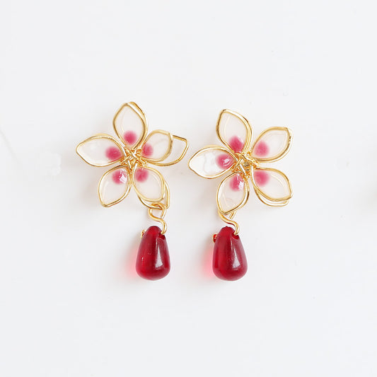 Women's Girl Cherry Blossom Enamel Drop Sterling Silver Needle Earrings