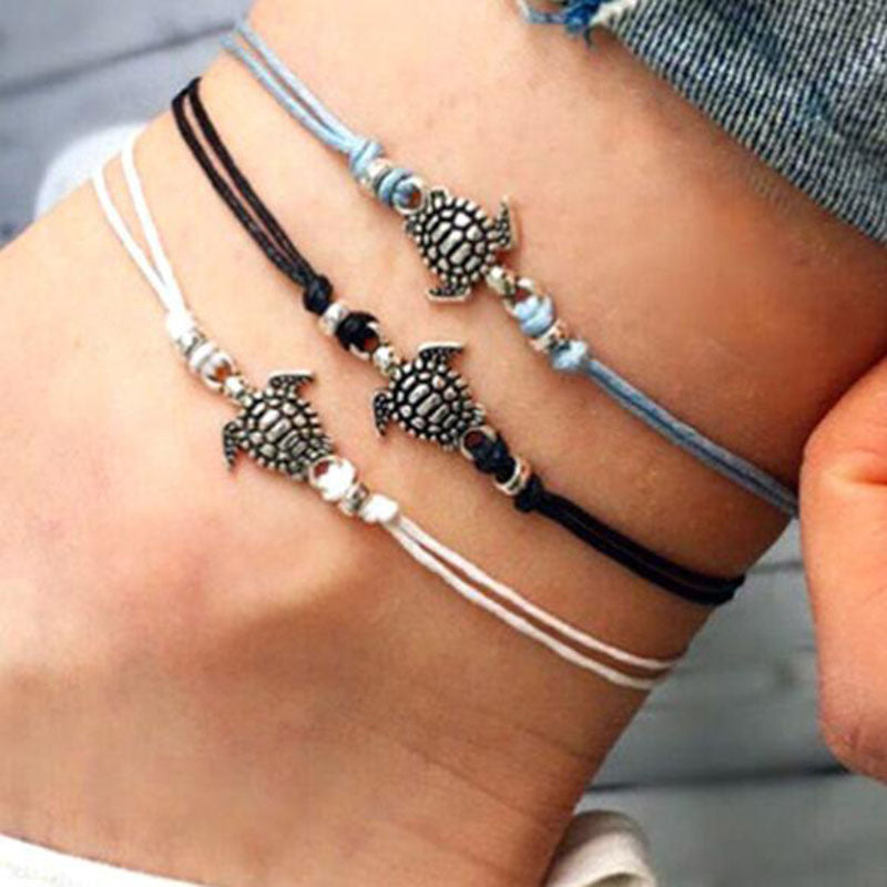 Retro Wax Rope Turtle Anklet Bracelet