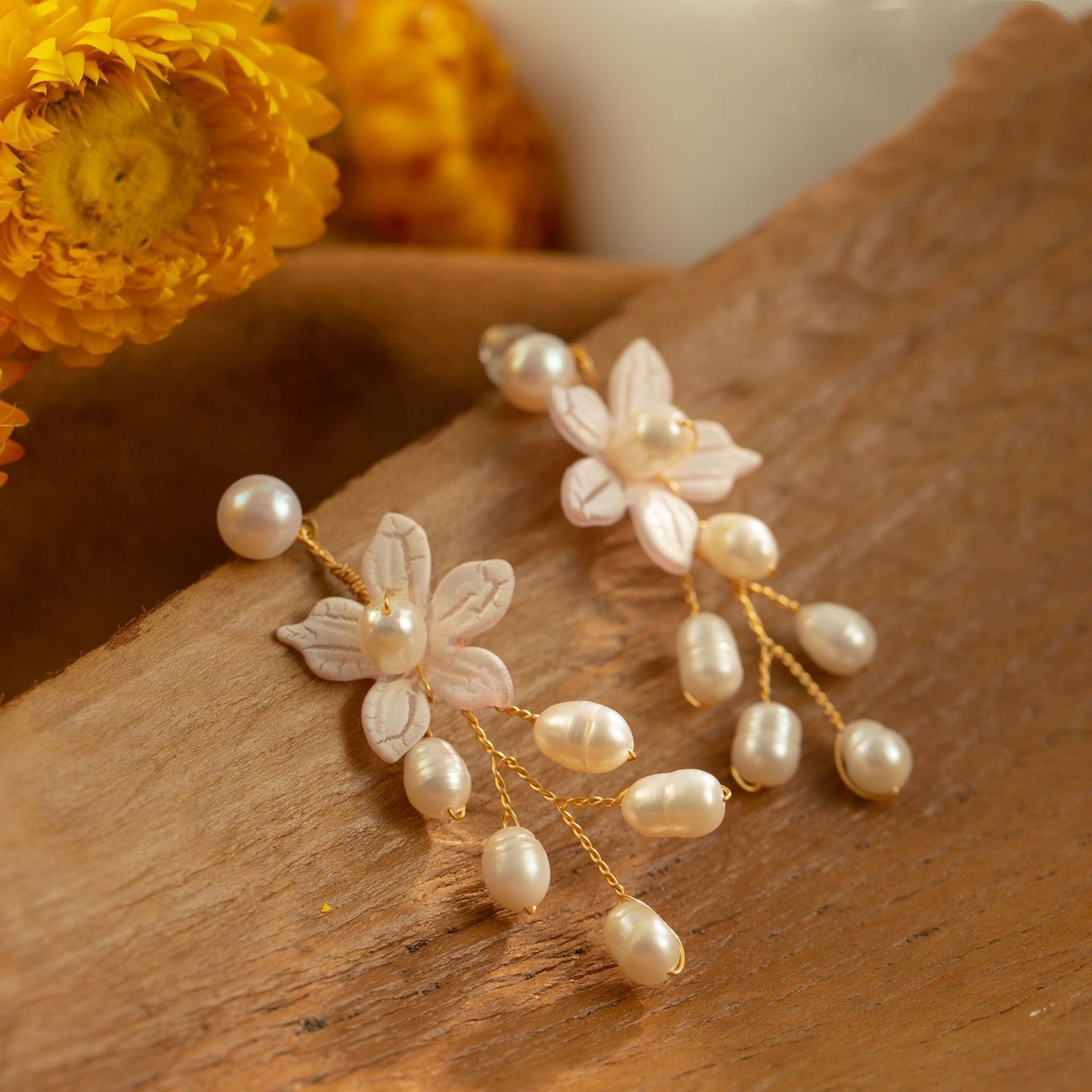 Hand Made Natural Freshwater Pearl Flower Earrings