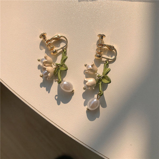Lily Freshwater Pearl 925 Silver Needle Handmade Earrings Paint Green Tassel