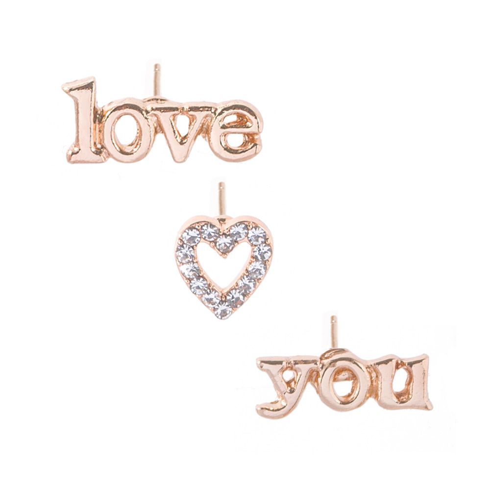 LOVE YOU Heart-shaped Diamond Small Ear Studs 3-piece Set