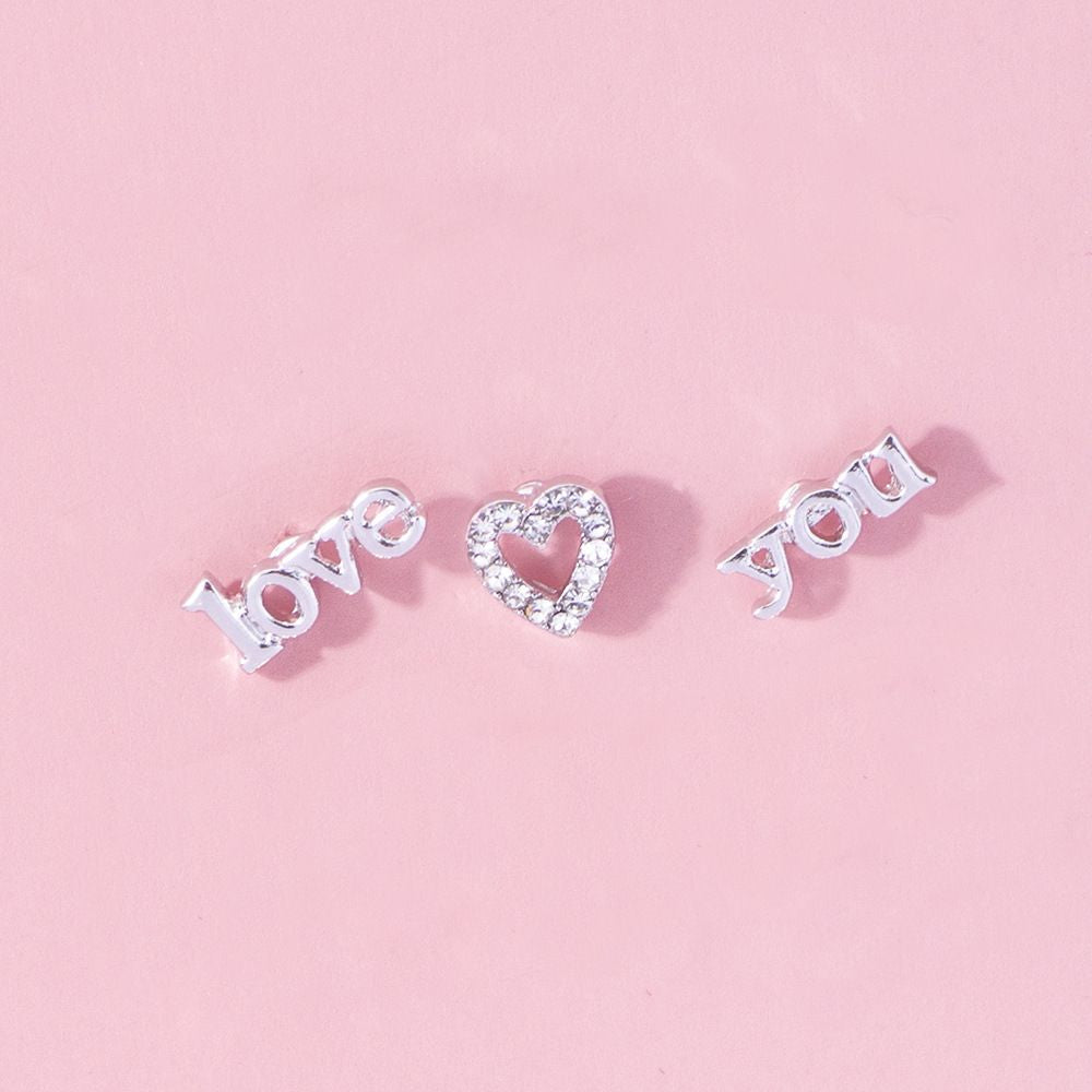 LOVE YOU Heart-shaped Diamond Small Ear Studs 3-piece Set