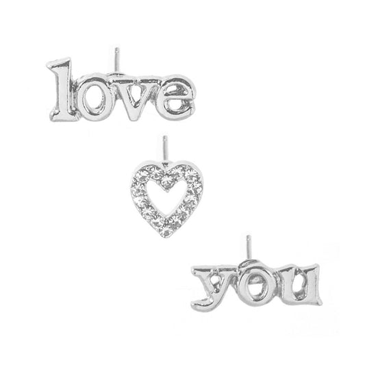 LOVE YOU Heart-shaped Diamond Small Ear Studs 3-piece Set
