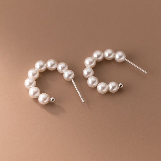 S925 Sterling Silver Temperament Synthetic Pearl C-shaped Earrings