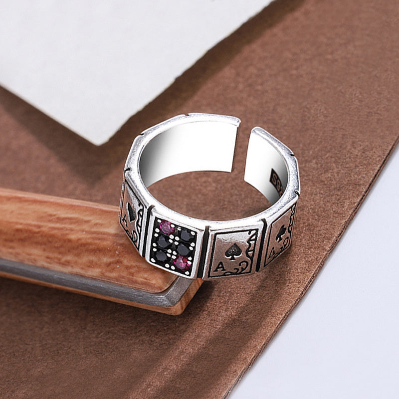 Inlaid Zircon Black Peach A Playing Card Ring Retro Hip Hop