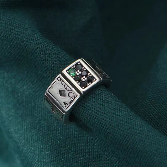 Inlaid Zircon Black Peach A Playing Card Ring Retro Hip Hop