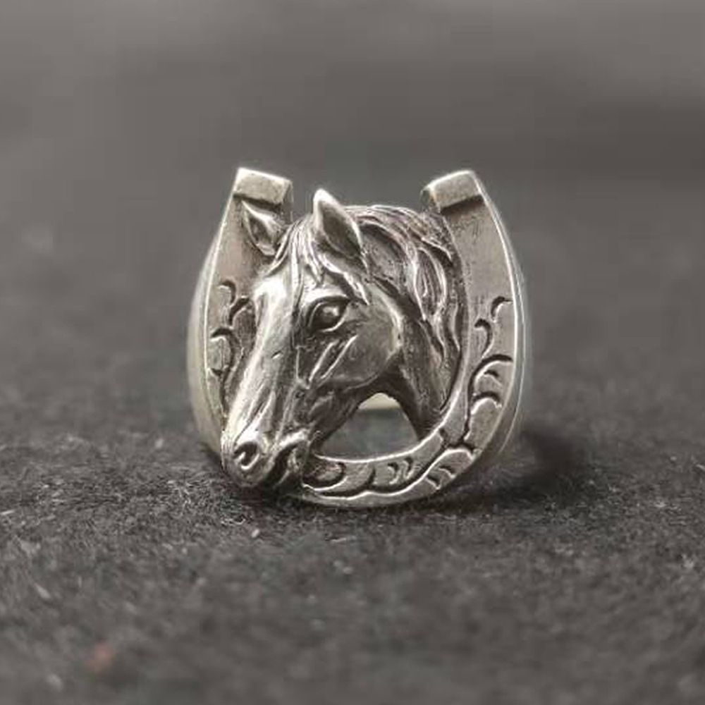 Thai Silver Tangcao Horseshoe Head Zodiac Ring